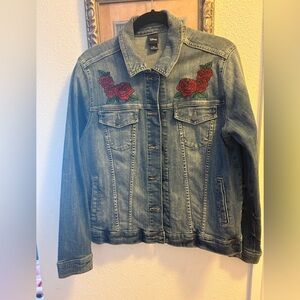 Disney Women's Blue Denim Jacket with Red Floral Embroidery